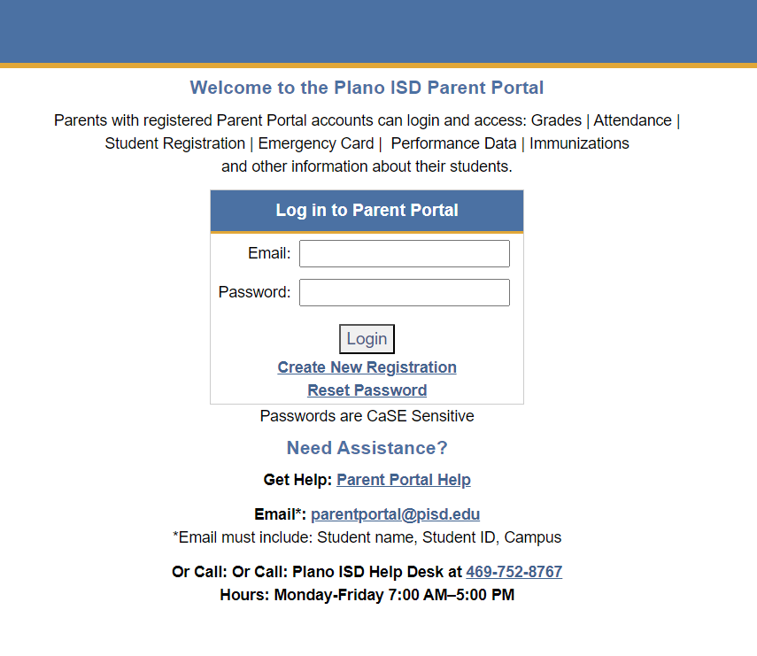 Parents accessing the Plano Independent School District's Parent Portal website on a computer, with the PISD logo displayed prominently and a welcoming user interface featuring quick links and resources to support their child's education