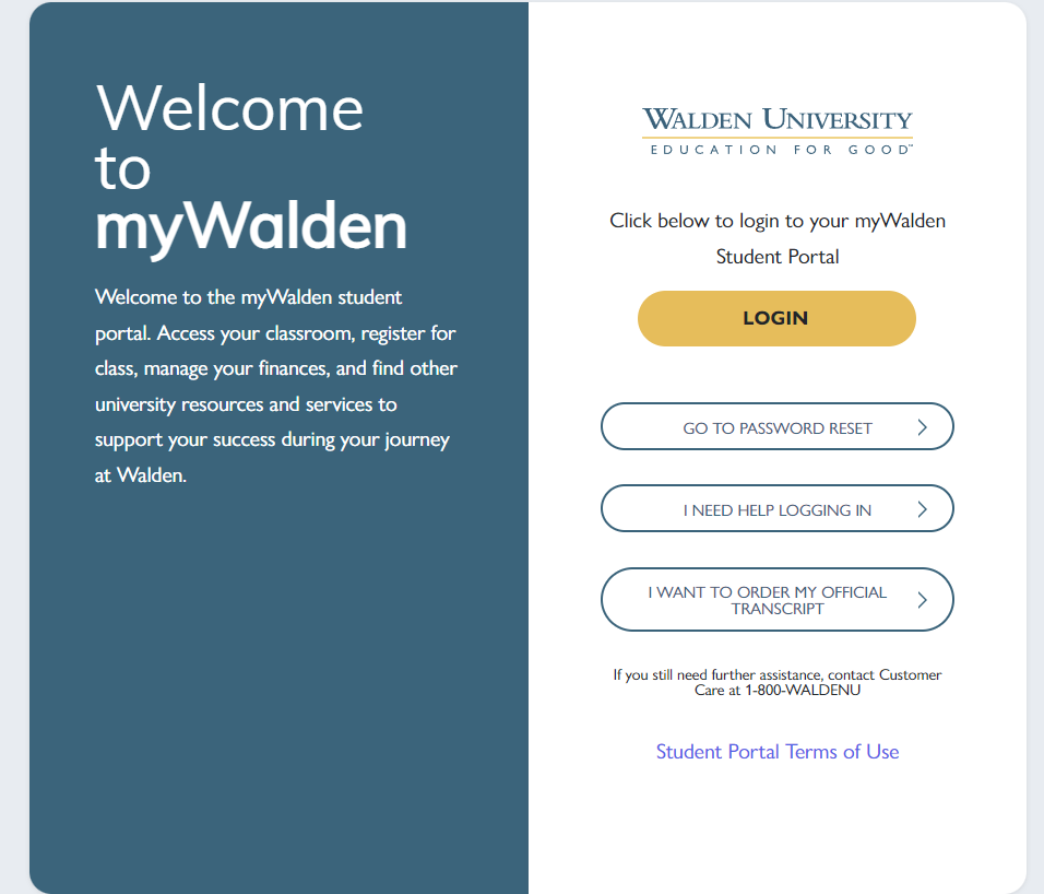 Screenshot of the Walden University Student Portal homepage, featuring a clean and user-friendly interface with easy navigation options for online courses, resources, and student support services