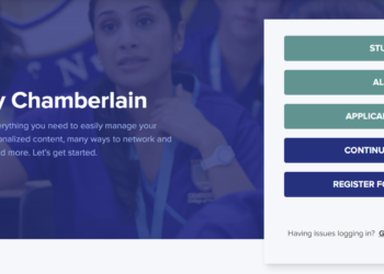 Chamberlain Student Portal homepage with navigation menu, login button, and banner showcasing happy students engaging in academic activities